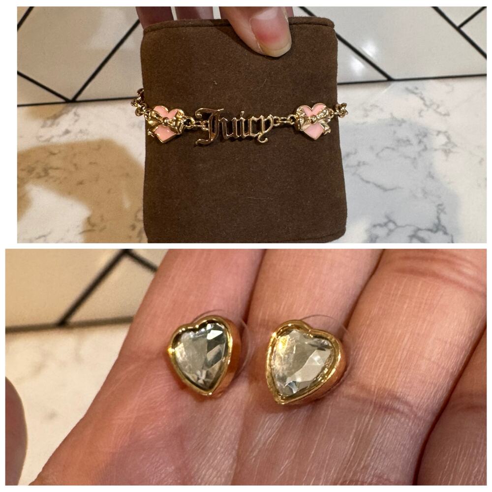 Juicy Couture gold tone bracelet Juicy logo pink heart & bow comes with earrings